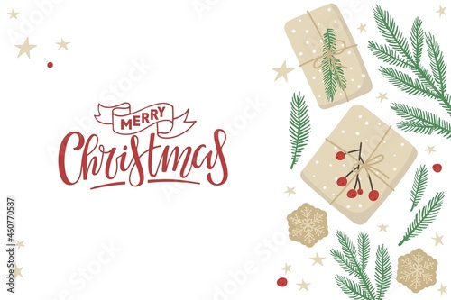 Merry Christmas card with gift boxes and spruce twigs border and handwritten calligraphy lettering. Holiday web poster  flyer  greeting card  cover. Top view on white background. Flat vector isolated