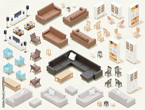 Vector isometric home furniture set. Domestic and office furniture and equipment. Sofas, chairs, armchairs, tables, lamps, cabinets and stools