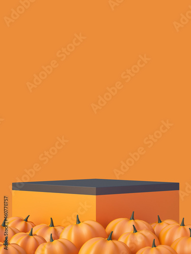 Halloween product mockup background with 3D orange product podium display and pumpkin 3D render illustration