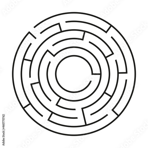 Black circle vector maze isolated on white background. Black round labyrinth with one entrance and target. Vector maze icon. Labyrinth symbol. Circle puzzle with one solution