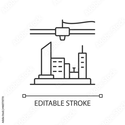 3d printed city plan linear icon. Urban design. Visualization technology. Construction industry. Thin line customizable illustration. Contour symbol. Vector isolated outline drawing. Editable stroke