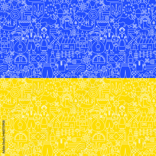 Seamless Pattern Ukraine Flag. Vector Thin Outline National Background.