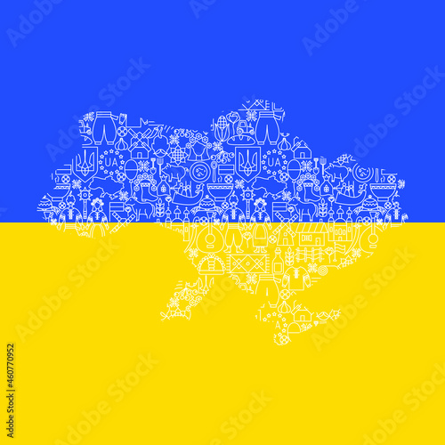 Ukraine Country Flag Map. Vector Thin Outline National Symbols.