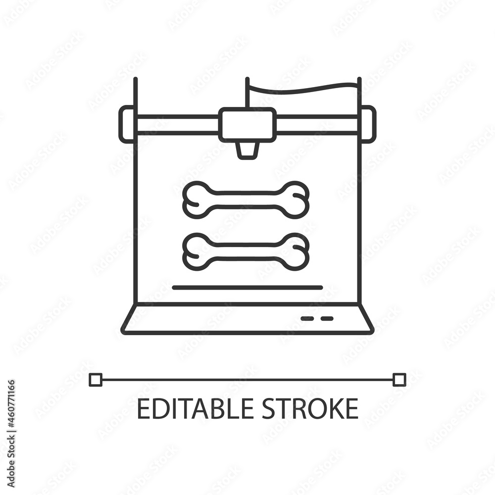 3d bone models printing linear icon. Creating customized implants. Biotech printing project. Thin line customizable illustration. Contour symbol. Vector isolated outline drawing. Editable stroke 3d bone models printing linear icon. Creating customized implants. Biotech printing project. Thin line customizable illustration. Contour symbol. Vector isolated outline drawing. Editable stroke