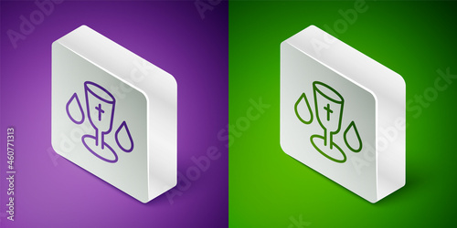 Isometric line Christian chalice icon isolated on purple and green background. Christianity icon. Happy Easter. Silver square button. Vector