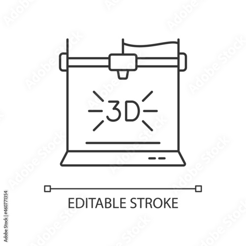 3d printer linear icon. Technological advancement. 3d bioprinting. Additive manufacturing. Thin line customizable illustration. Contour symbol. Vector isolated outline drawing. Editable stroke