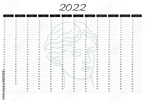 2022 Super trendy black and white Year wall calendar with Venus illustration . Vector annual calendar template with spaces for notes for printing. 