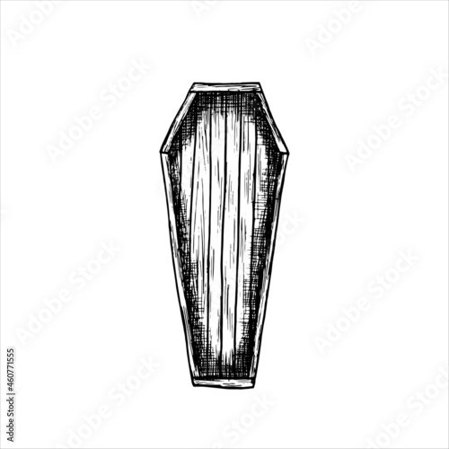 wooden vintage closed coffin in engraving style. hand drawn vector drawing of a coffin with a lid