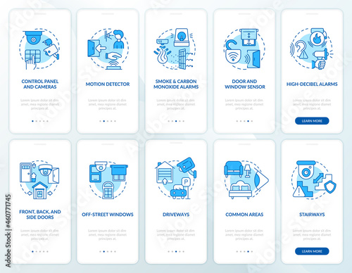 Property security blue onboarding mobile app page screen set. Protection system walkthrough 5 steps graphic instructions with concepts. UI, UX, GUI vector template with linear color illustrations