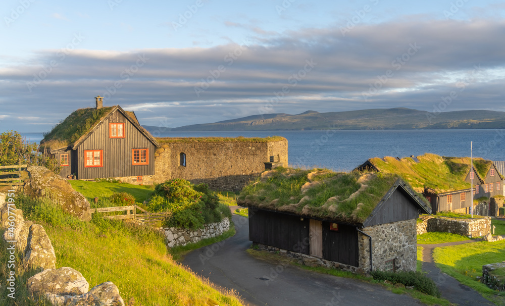 The old farmhouse of Kirkjubøargarður still inhabited since the 11th century in Kirkjubøur (Kirkebø) a historical village on Streymoy, Faroe Islands.