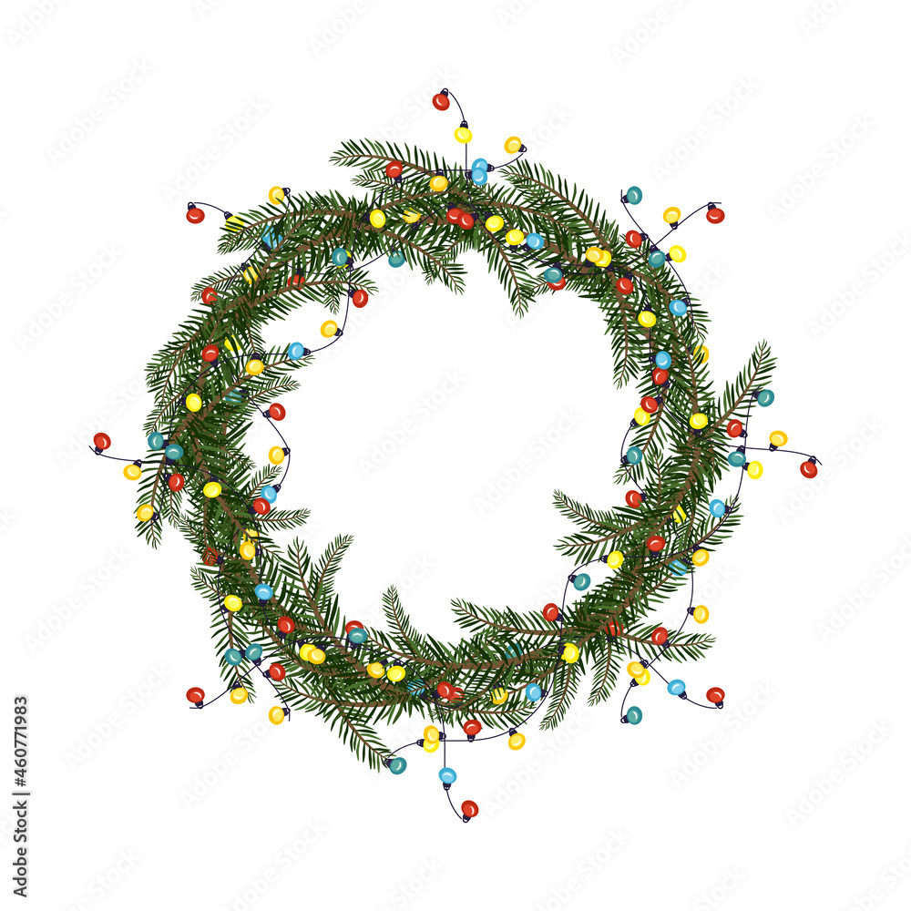 Round Christmas frame from fir branches with garland of multicoloured bulbs. Festive decoration for New Year and winter holidays Round Christmas frame from fir branches with garland of multicoloured bulbs. Festive decoration for New Year and winter holidays