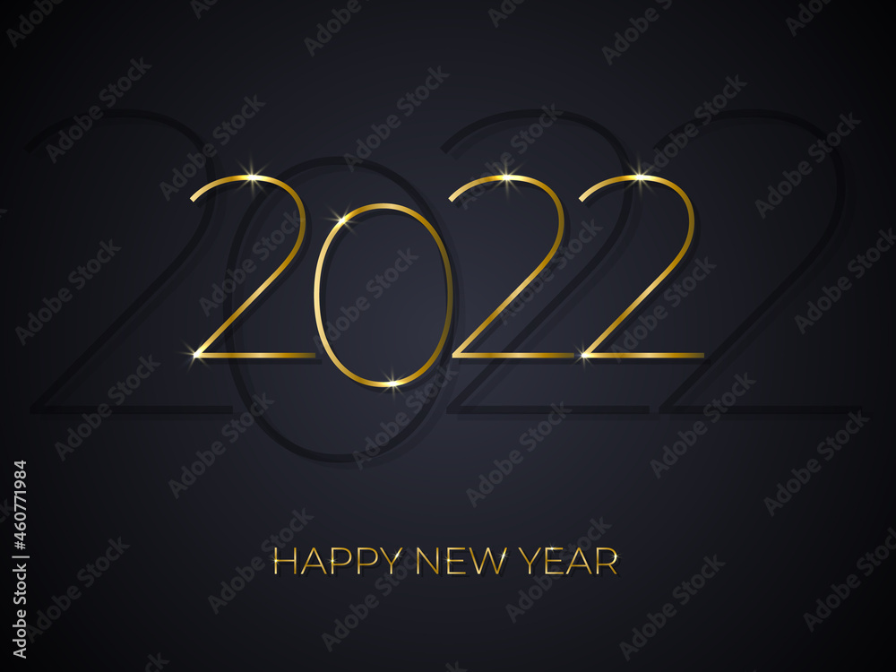 2022 Happy new year elegant gold text on gradient black background. New year design template for holiday flyer, greeting and invitation. Vector illustration 2022 Happy new year elegant gold text on gradient black background. New year design template for holiday flyer, greeting and invitation. Vector illustration