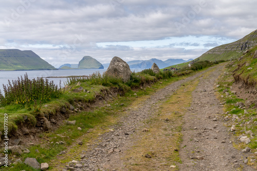 View of Hestur and Koltur Islands across the Hestfjord from the village of Kirkjubøur (Kirkebø) on Streymoy island, Faroe Islands.