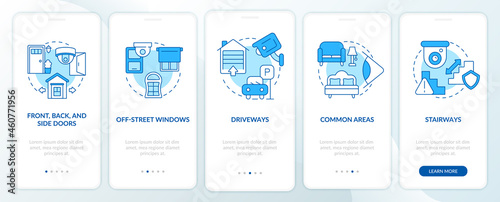 Security cameras placement blue onboarding mobile app page screen. Home protection walkthrough 5 steps graphic instructions with concepts. UI, UX, GUI vector template with linear color illustrations