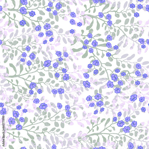 Vector seamless pattern with colorful illustration of cute small flowers on flowering bush. For wallpaper, textile print, pattern fills, web page, surface textures, wrapping paper, design of