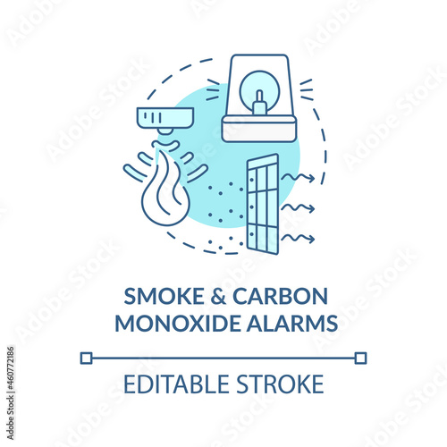 Smoke and carbon monoxide alarms blue concept icon. Combination alarm abstract idea thin line illustration. Fire and gas sensor detection. Vector isolated outline color drawing. Editable stroke