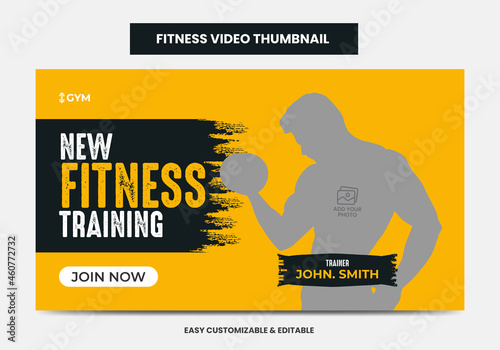 Fitness gym training video thumbnail and web banner. Gym agency social media video thumbnail 
Design template