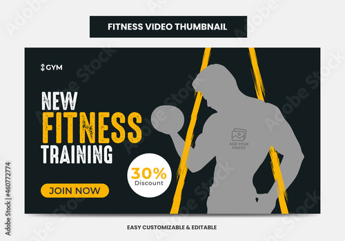 Fitness gym training video thumbnail and web banner. Gym agency social media video thumbnail 
Design template