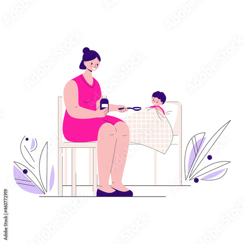 The sick child lies in bed. The mother gives him medicine. Vector illustration in flat style.