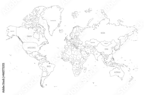 Map of World. Mercator projection. High detailed political map of countries and dependent territories. Simple flat vector illustration