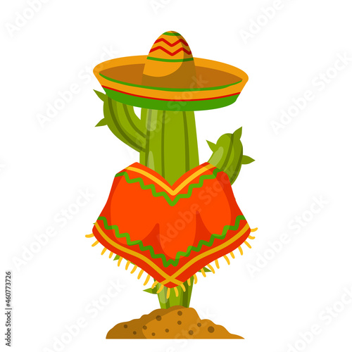 Cactus in poncho and sombrero. Mexican character. National symbols and desert plants. South American clothing. Flat cartoon illustration