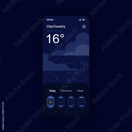 Storm weather forecast night mode smartphone interface vector template. Meteorology service. Mobile app page design layout. Temperature overcast screen. Flat UI for application. Phone display
