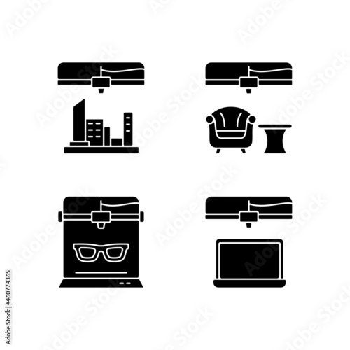 Three dimensional objects production black glyph icons set on white space. 3d city model. Furniture industry. Electronics fabrication process. Silhouette symbols. Vector isolated illustration