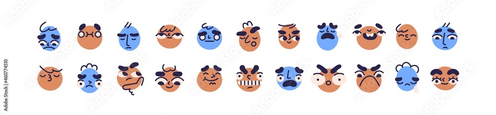 Abstract faces with cute and funny facial expressions set. Happy and sad avatar icons with comic positive and negative emotions. Colored flat vector illustration of heads isolated on white background Abstract faces with cute and funny facial expressions set. Happy and sad avatar icons with comic positive and negative emotions. Colored flat vector illustration of heads isolated on white background