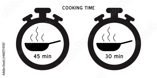 Meal Timer logo design. 5 minutes cook in boiling saucepan, fry pan,  microwave watt and oven cooker.