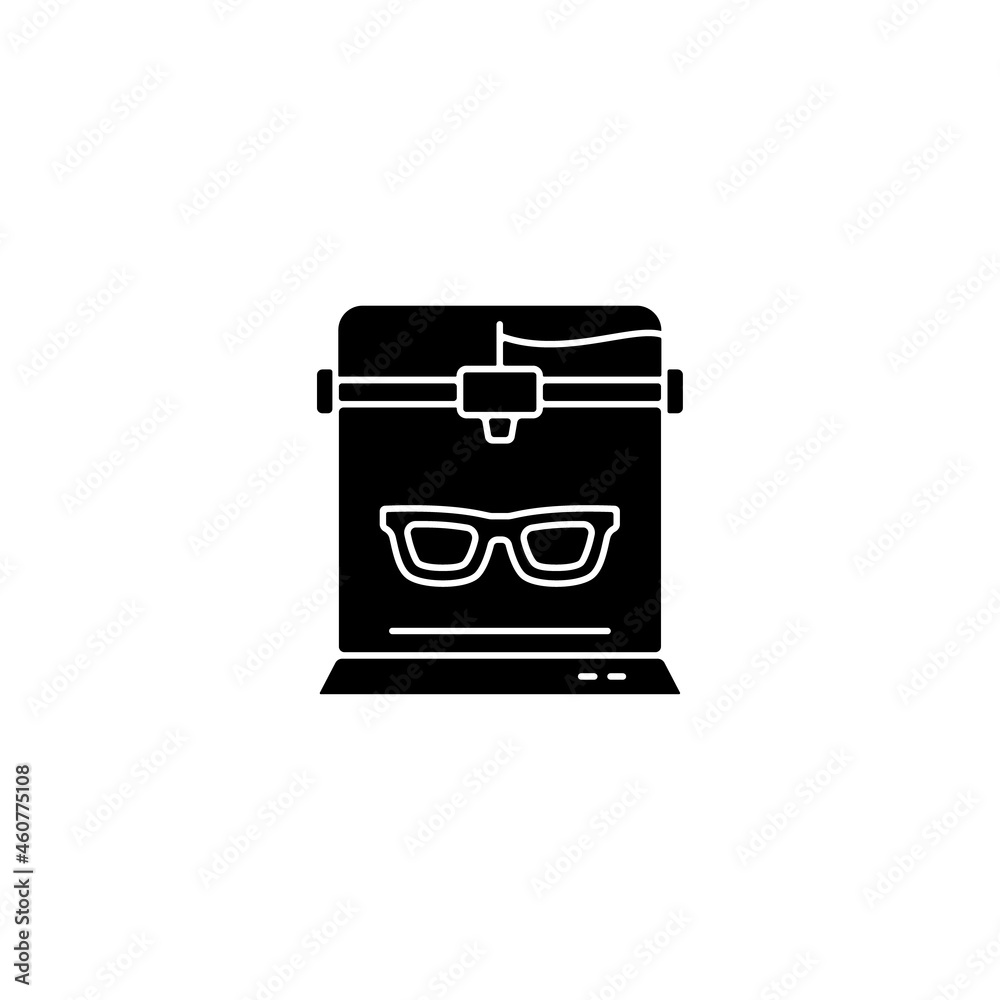 3d printed glasses black glyph icon. Innovation in eyewear industry. Custom-made accessory. Additive manufacturing. Production method. Silhouette symbol on white space. Vector isolated illustration 3d printed glasses black glyph icon. Innovation in eyewear industry. Custom-made accessory. Additive manufacturing. Production method. Silhouette symbol on white space. Vector isolated illustration
