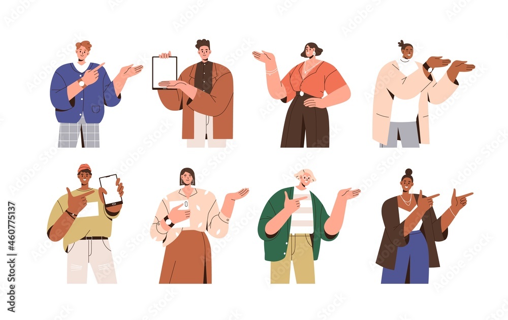 Happy people pointing at smth with fingers, showing and introducing product with hand gesture. Presenters set presenting sth with devices. Flat vector illustrations isolated on white background - obrazy, fototapety, plakaty 