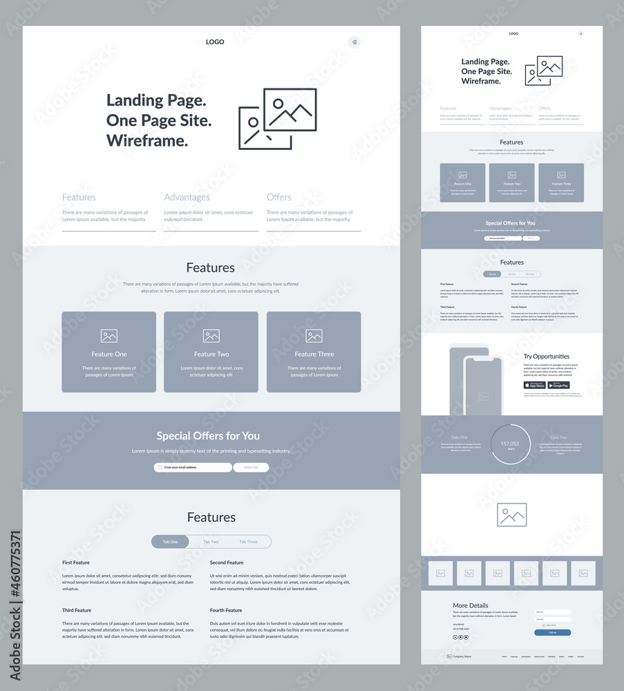 Website design template. Landing page wireframe.