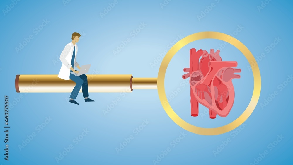 Focus on human heart. Man sitting on magnifying glass. Heart in focus on lens. Vector illustration. Dimension 16:9. EPS10.