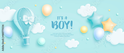 Baby shower horizontal banner with cartoon hot air balloon, helium balloons and clouds on blue background. It's a boy. Vector illustration