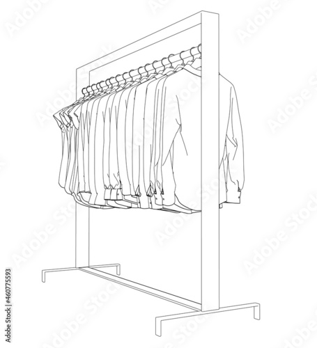 Outline of clothes hanging on a hanger isolated on white background. Clothes on a hanger in the store. Vector illustration