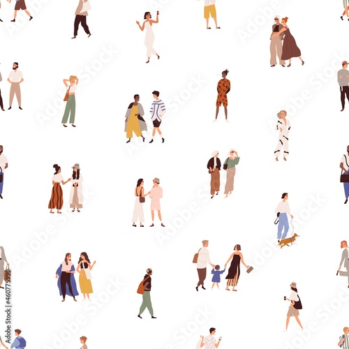 Seamless pattern with people walking on city street. Endless repeating background with crowd of different men and women outdoors. Society texture design. Colored flat vector illustration for printing