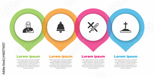 Set Knight crusader, Church bell, Crusade and Grave with cross. Business infographic template. Vector
