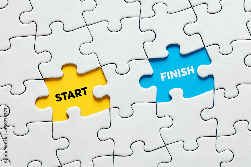 Missing puzzle pieces with the words start versus finish. Starting and finishing a job or task Missing puzzle pieces with the words start versus finish. Starting and finishing a job or task