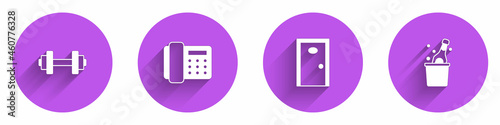 Set Dumbbell, Telephone handset, Hotel door and Bottle of champagne icon with long shadow. Vector
