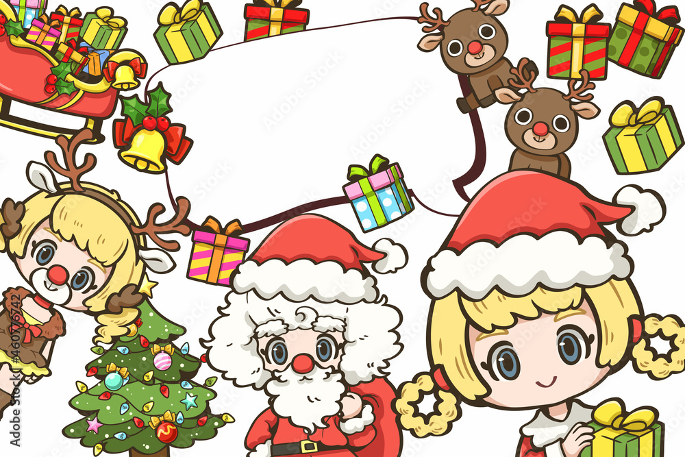 A cute cartoon is depicted on a postcard. As a card for a Christmas festival or as an invitation A greeting message can be written in the empty space in the middle. A cute cartoon is depicted on a postcard. As a card for a Christmas festival or as an invitation A greeting message can be written in the empty space in the middle.