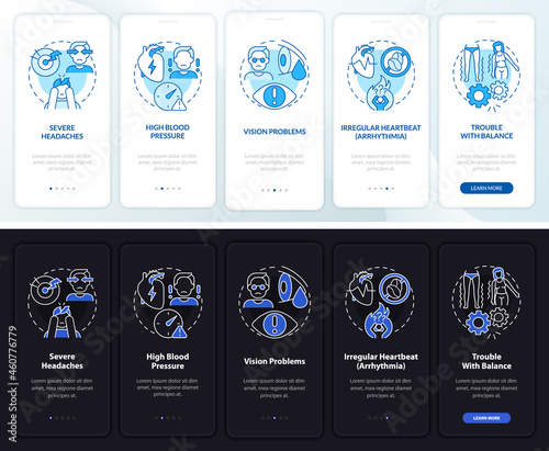 Hypertension symptoms onboarding mobile app page screen. Poor balance walkthrough 5 steps graphic instructions with concepts. UI  UX  GUI vector template with linear night and day mode illustrations
