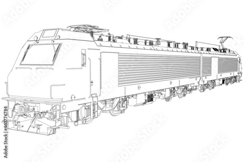 Electric locomotive contour from black lines isolated on white background. Detailed train. Vector illustration