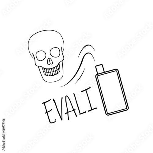 Evali - e-cigarette or vaping product use associated lung injury. Linear vector illustration of vape with smoke and skull