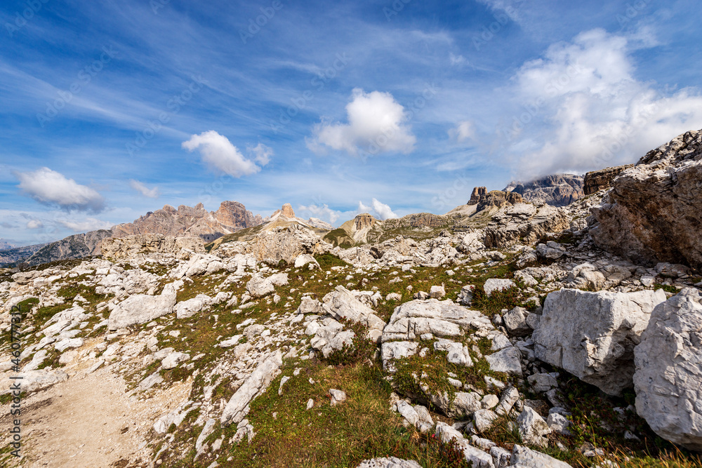 Panoramic view of the Sesto or Sexten Dolomites from Tre Cime di Lavaredo (three peaks of Lavaredo). UNESCO world heritage site, Bolzano, Dobbiaco (Toblach), Trentino-Alto Adige, Italy, Europe.