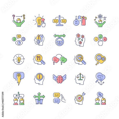 Critical thinking RGB color icons set. Intellectual and logical skills. Evaluation and observation. Communication skills. Isolated vector illustrations. Simple filled line drawings collection