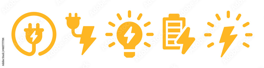 Electrical power icon set. Containing charging, plug, light bulb, battery and lightning bolt icon.