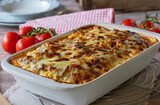 Pasta casserole with bolognese and bechamel sauce topped with mozzarella cheese