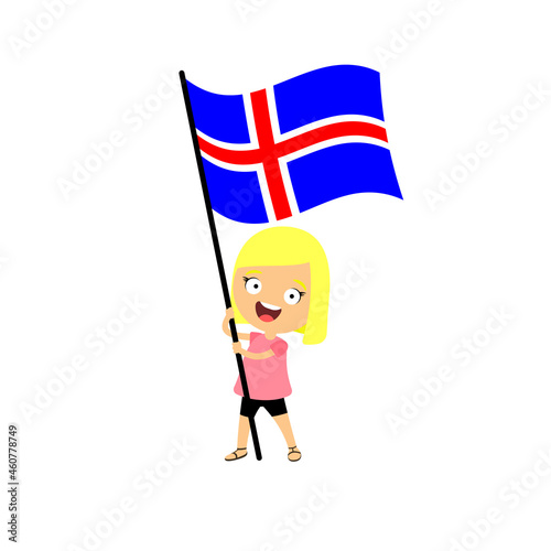 A young man holds the flag of Iceland on Independence Day. Vector illustration design. Graphic color background. Happy independence day Iceland.