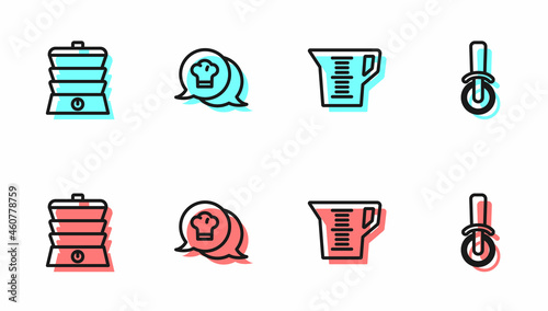Set line Measuring cup, Slow cooker, Chef hat speech bubble and Pizza knife icon. Vector