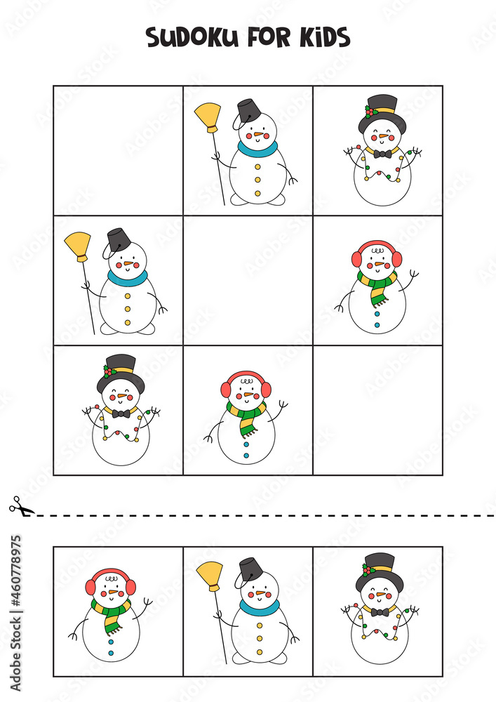 Sudoku game for kids with cute cartoon snowmen. Sudoku game for kids with cute cartoon snowmen.